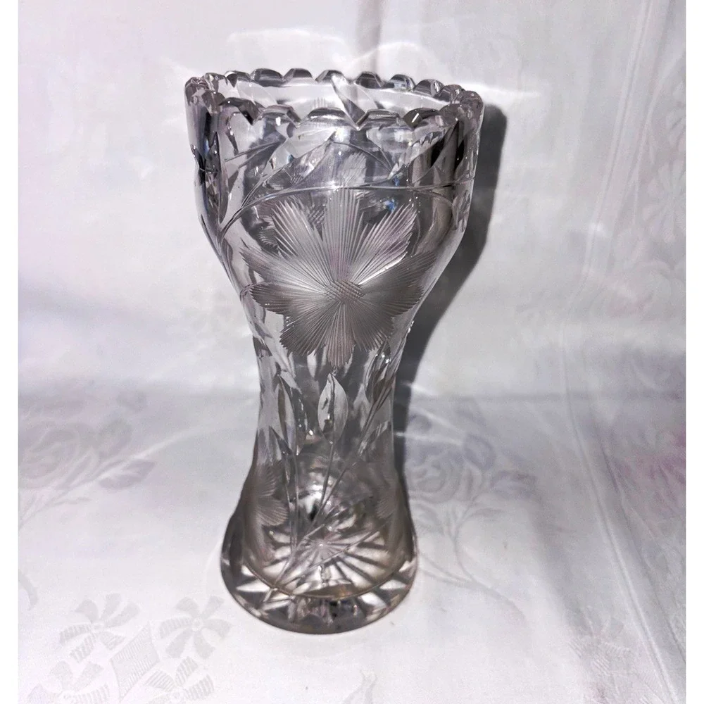 Clear Glass Etched Floral Vase, Flared Scalloped Rim, Footed Decorative
